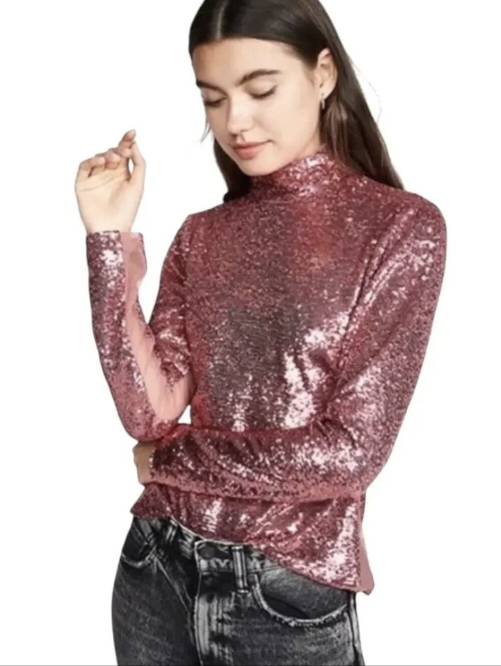 cinq a sept Joan Top Pink Sequin Turtleneck Long Sleeve
